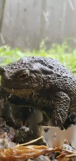 Close-up of a toad in its natural, rainy habitat.