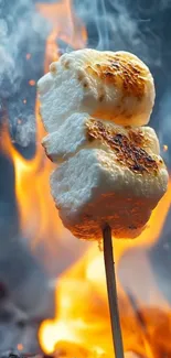 Toasted marshmallow over open flame with smoky background.
