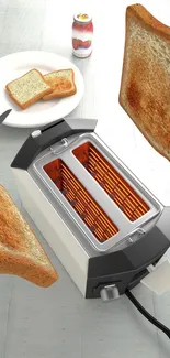 Shiny silver toaster with flying golden toast slices.