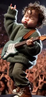 Adorable toddler playing guitar on stage.