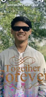 Smiling person with 'Together Forever' text in nature setting.