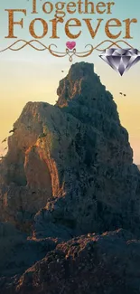 Mountain peak at sunset with 'Together Forever' text.