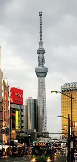 Tokyo cityscape with skyline at dusk, under a cloudy sky.