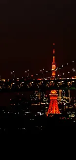 Illuminated Tokyo skyline with bridge at night, reflecting vibrant city lights.