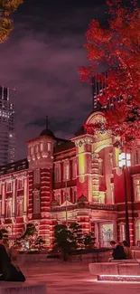 Tokyo Station at night with red lights and a crimson tree in autumn.