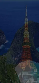 Blended image of Tokyo Tower and coastal cliffs with ocean view.