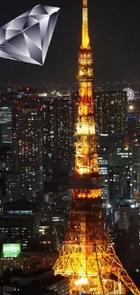 Tokyo Tower illuminated at night with city skyline and hovering gemstone.