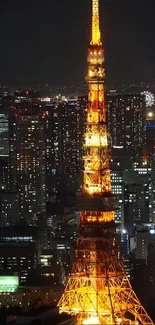 Illuminated Tokyo Tower against city skyline at night.