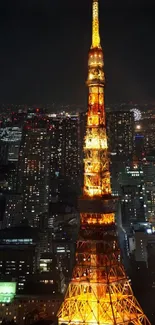 Illuminated Tokyo Tower at night with city backdrop.