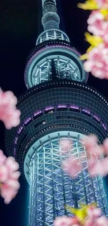 Tokyo Tower glowing against night sky with sakura blossoms.