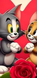 Tom and Jerry in front of a red heart with roses.