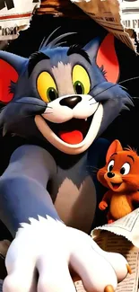 Tom and Jerry cartoon bursting through paper.