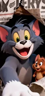 Tom and Jerry are joyfully bursting through a newspaper.
