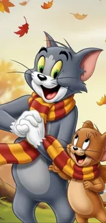 Tom and Jerry with autumn leaves, wearing scarves, happy and playful.
