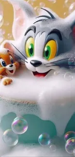 Tom and Jerry with bubbles in vibrant wallpaper.