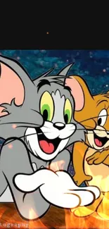 Tom and Jerry in a playful pose on a vibrant background wallpaper.