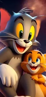 Tom and Jerry smiling with fireworks background.
