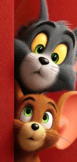 Tom and Jerry peeking out playfully on a red background.