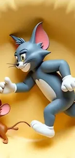 Tom and Jerry engaged in a playful chase on a beige background.