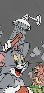 Playful Tom and Jerry shower scene with bubbles in cartoon style.