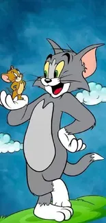 Tom and Jerry in a vibrant sky scene mobile wallpaper.