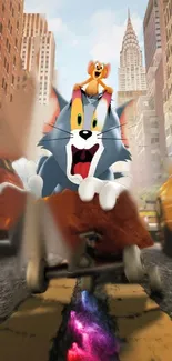 Tom and Jerry racing through a city street in a cartoon scene.