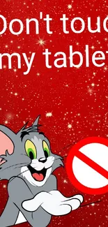 Red cartoon wallpaper with Tom and a tablet warning message.