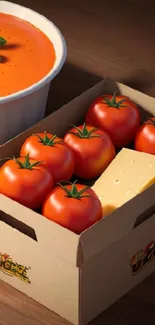 Mobile wallpaper with tomatoes and cheese in a box beside a soup bowl.