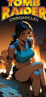 Lara Croft from Tomb Raider Chronicles sitting with a fiery background.