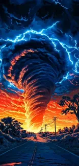 A dramatic tornado under a vivid dusk sky with lightning.