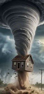Tornado lifting a house into the swirling sky, depicting nature's power.