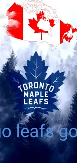 Toronto Maple Leafs logo with Canada map on misty background.