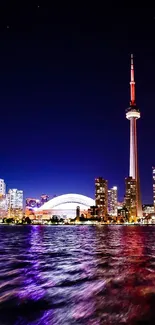 Toronto skyline at night with CN Tower reflection.