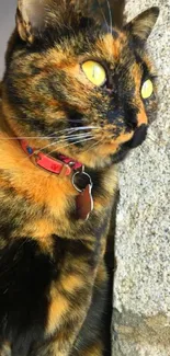 Vibrant tortoiseshell cat with striking eyes against a textured background.