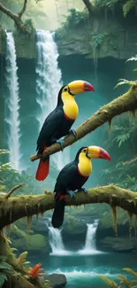 Two toucans on branches with a jungle waterfall background.