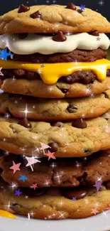 Stack of sparkling chocolate chip cookies with creamy layers on a plate.