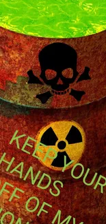 Rusty barrel with toxic waste and warning text on phone wallpaper.