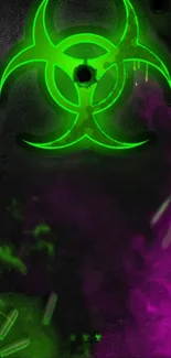 Neon green biohazard symbol with smoke effect on a dark background.