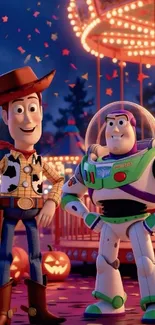 Iconic toy characters in a colorful night amusement park scene.
