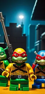 Lego Ninja Turtle figurines in a vibrant urban setting at night.