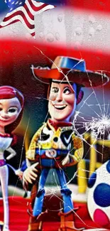 Vibrant animated toy wallpaper with shattered glass effect and patriotic theme.