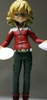 Toy figure in red jacket holding discs with neutral background.