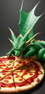 Green dragon enjoying a slice of pizza on a dark background.