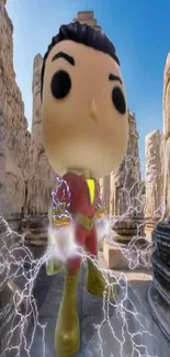 Toy hero with lightning in ancient ruins.