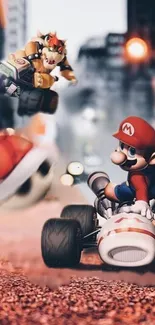 Mario and Bowser racing in karts on a lively track.