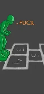 Green toy soldier on hopscotch with a playful twist.