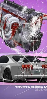 Illustration of Toyota Supra MK4 engine with shattered glass effect.