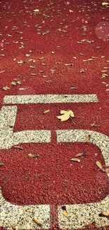 Running track with number 5 and scattered autumn leaves.