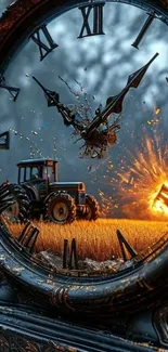 Tractor inside exploding clock art wallpaper.