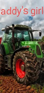 Vibrant tractor on farmland under a blue sky.